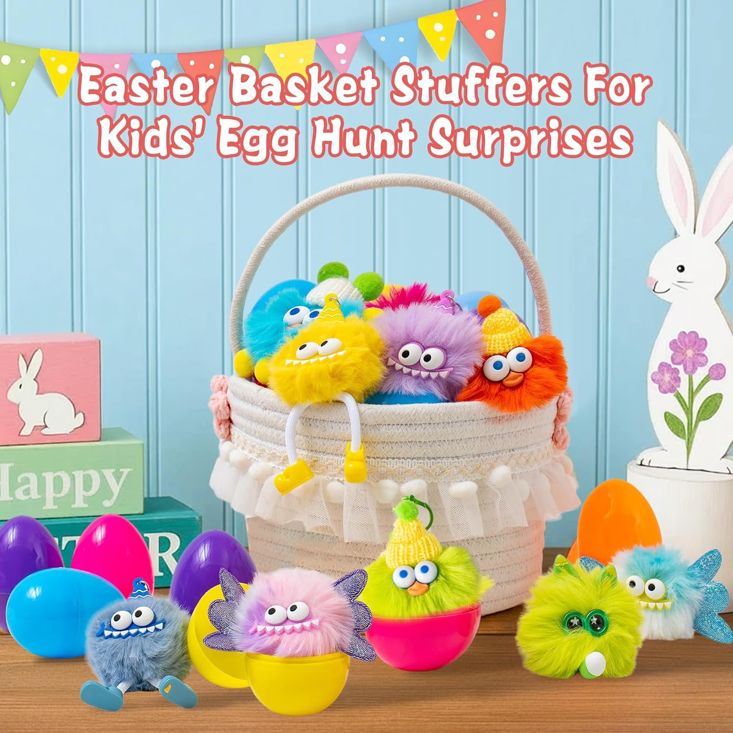 12 Pack Prefilled Easter Eggs With Toys, Monster Plush Keychains for Kids, Non Candy Easter Basket Stuffers, Egg Hunt Party Favors, Classroom Prizes, Goodie Bag Fillers