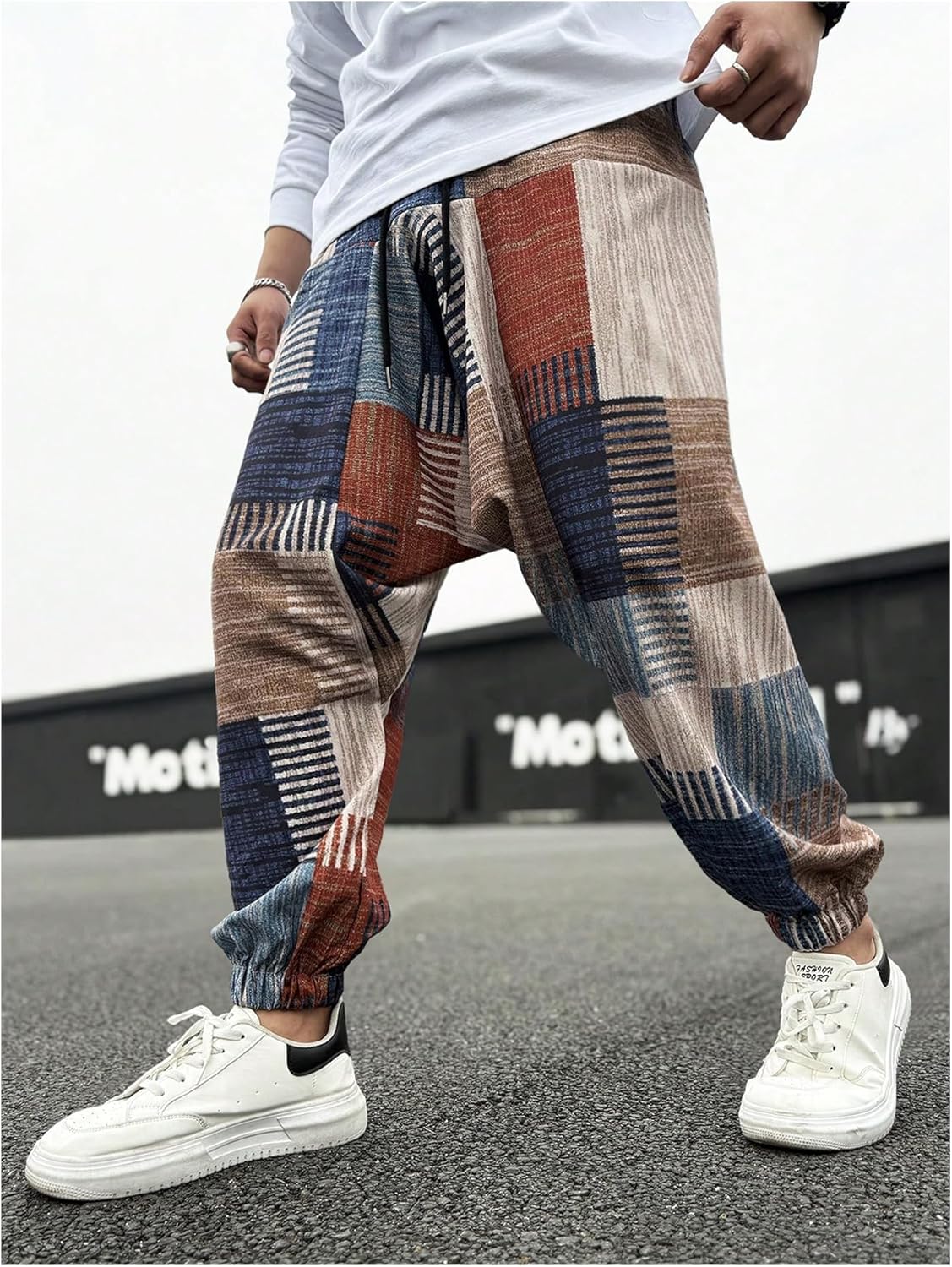 Men's Color Block Patchwork Baggy Harem Pants Drawstring Elastic Waist Hippie Pants with Pockets Streetwear - Image 3