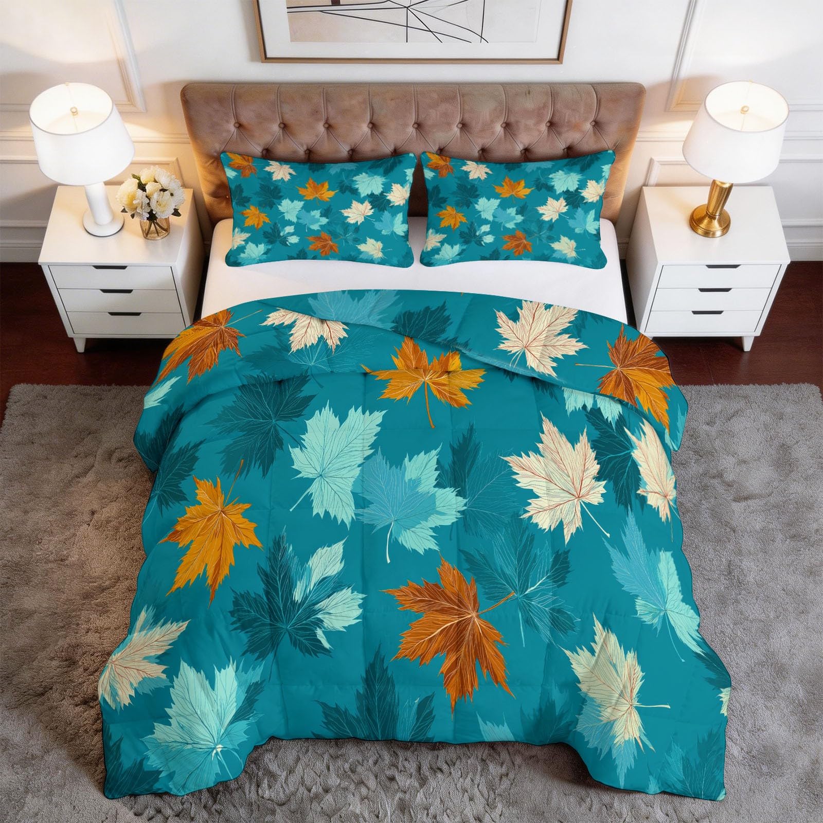 Trapunta Matrimoniale o Singola Stampa 3D 150x200 cm Foglie blu foglie d'acero Trapunta Set 3 Pezzi con 2 Federe, Piumone Letto 4 Stagioni Trapuntino Traspirante Morbida