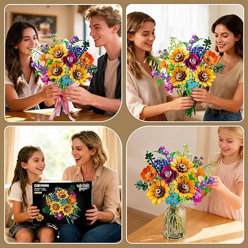 Miniatura 8 de Juego de construcción de ramo de flores silvestres con luces, colección botánica de 18 flores, bloques de construcción, girasol, rosa, caléndula,