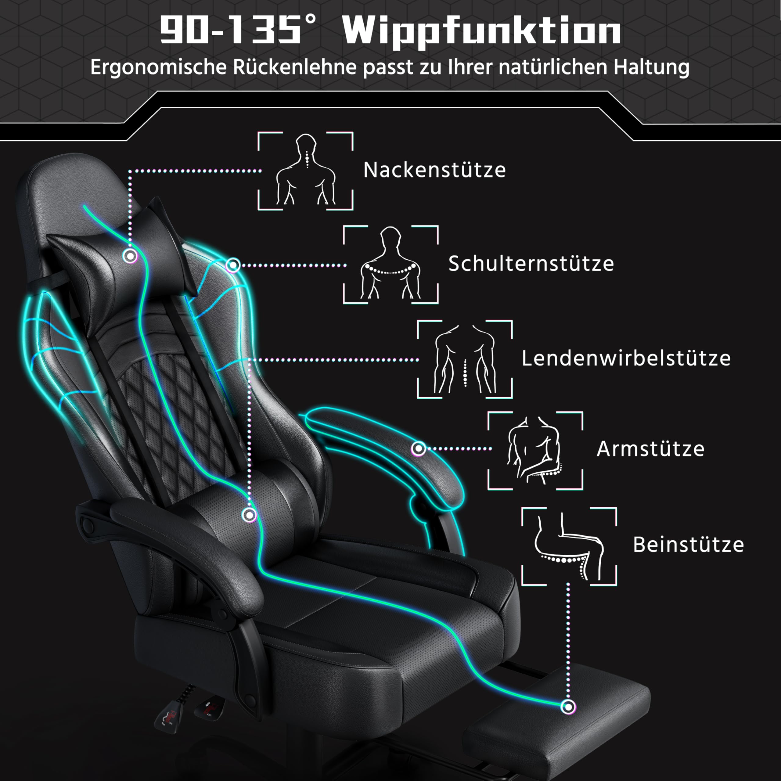 Yaheetech Gaming Stuhl, Ergonomischer Gaming-Stuhl mit Massagefunktion & Ausziehbarer Fußstütze, Verstellbare Rückenlehne, Höhenverstellbar, PC-Stuhl Computerstuhl Drehsessel (Schwarz)