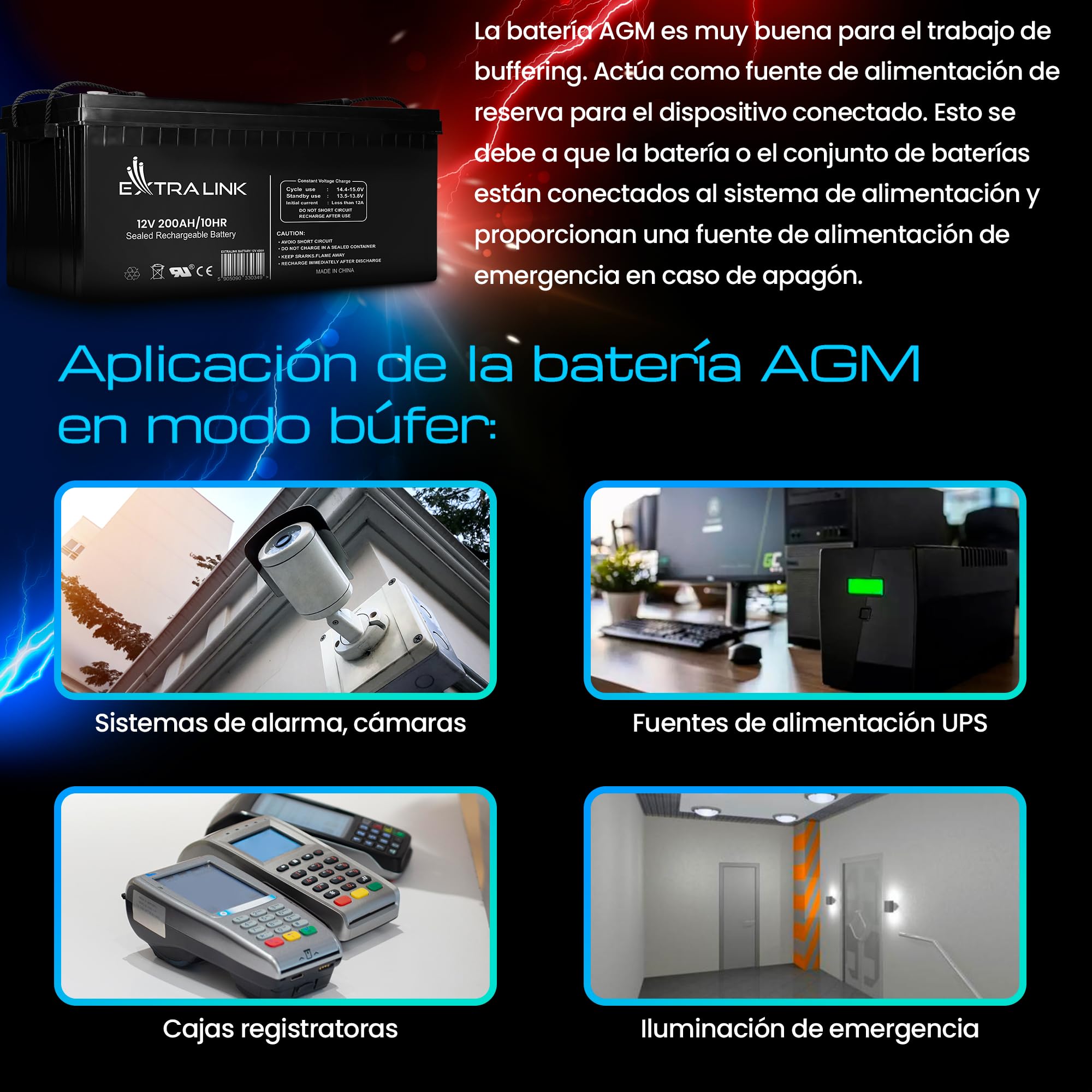 EXTRALINK Batería AGM 12V 200Ah - sin mantenimiento, sellada, de ciclo profundo - batería de larga duración para solar, autocaravanas, SAI, sistemas autónomos y batería coche