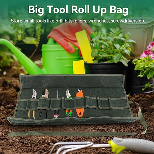 Miniatura 3 de Bolsa enrollable para herramientas, bolsas de lona resistente, bolsa de almacenamiento de herramientas para bonsái con 10 bolsillos para jardín,