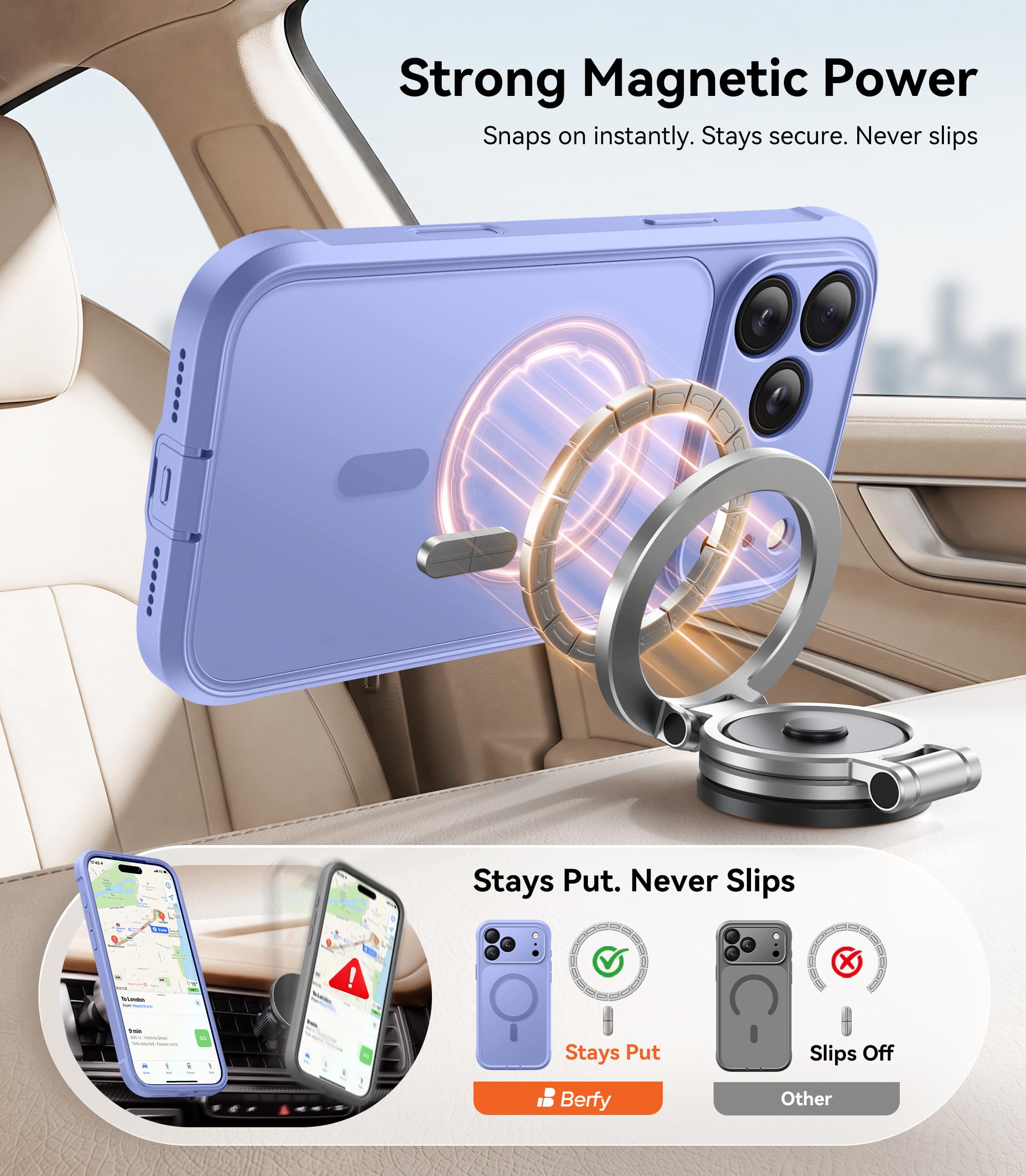 BERFY Funda para iPhone 17 Pro, compatible con MagSafe, lavanda claro | Protector de pantalla integrado, protección completa de la cámara, a prueba de golpes, magnética, translúcida, mate