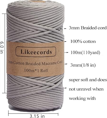 Miniatura 2 de Cordón de algodón trenzado de 0.11 pulgadas x 109 yardas, cuerda de algodón para macramé natural, estilo bohemio, para colgar plantas hechas a mano
