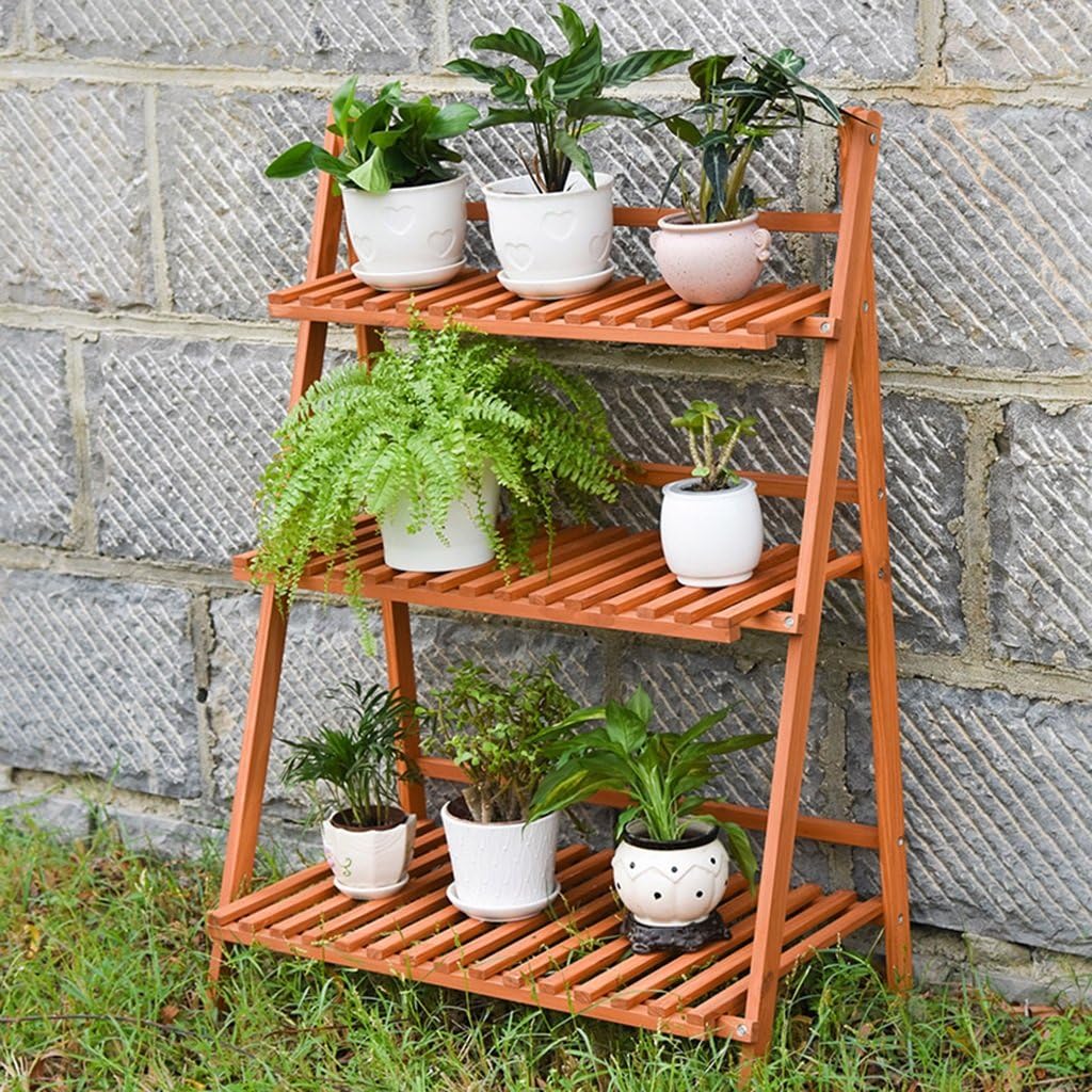 Planter Flower Pot Holder 3 Tiered Wooden Foldable Flowers Stand Garden Patio Standing Plant Flower Pot Rack Decorative Display Stand Holder Flower Pot Shelf- Indoor/Outdoor - Wood Color - L70XD40XH97
