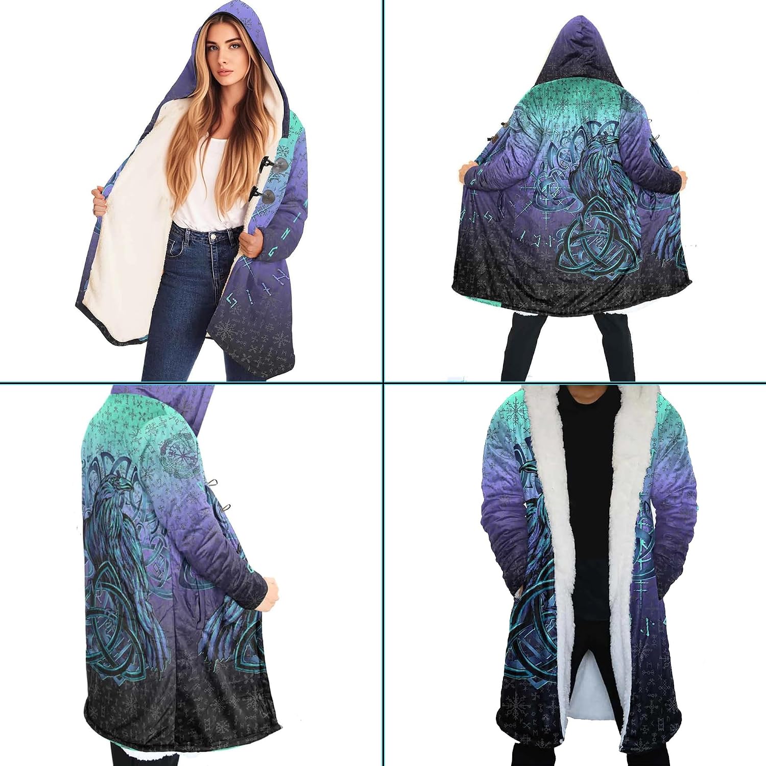 Viking Mens Trench Coat Mid Length Winter Fluffy Thick Harajuku Cardigan Jacket 3D Print Ravens of Midgard Sherpa Coat
