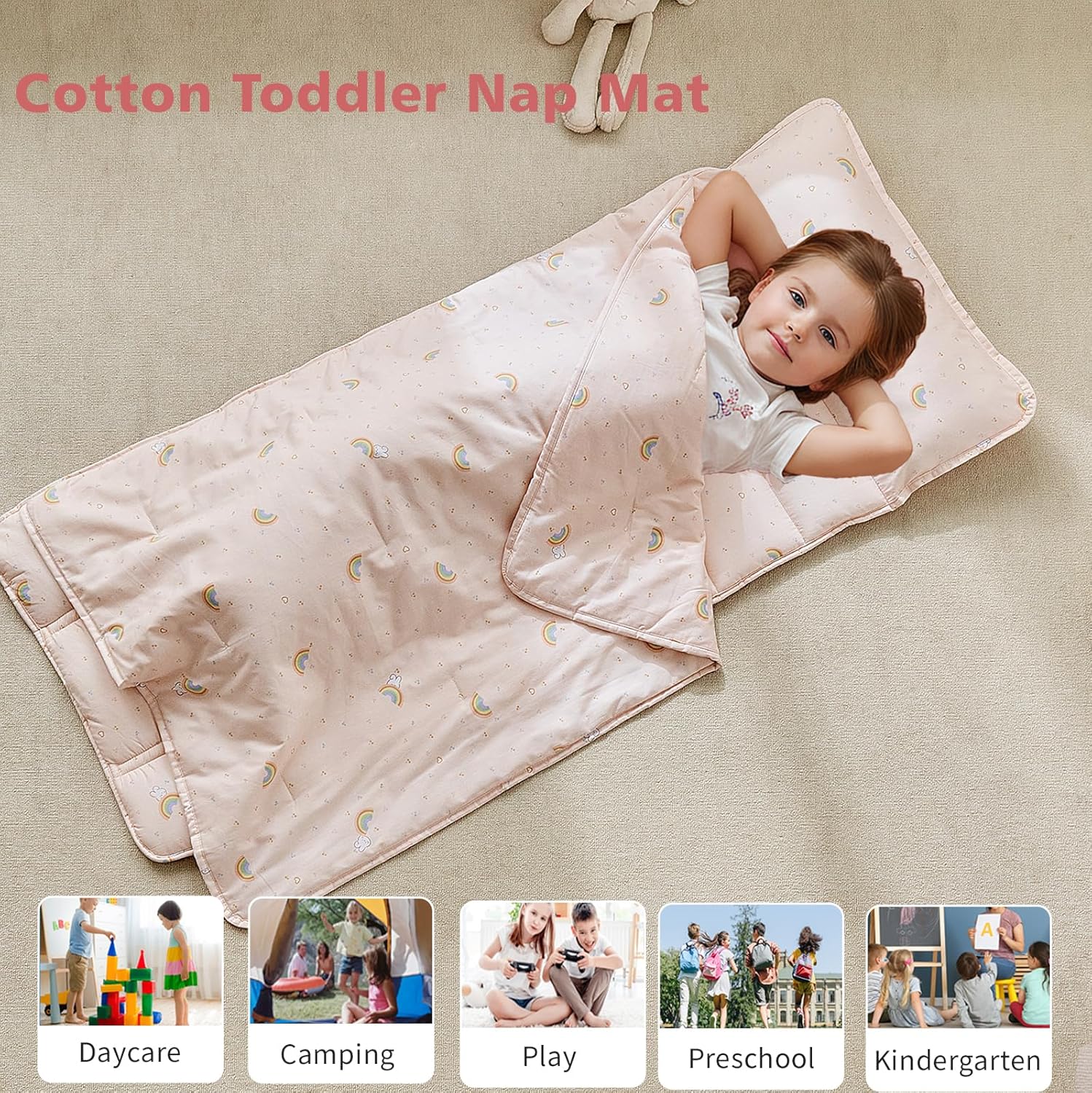 DuShow Cotton Toddler Nap Mat with Pillow and Blanket,Extra Large Rolled Napping Mats,Slumber Bags for Boys Girls,Kids Sleeping Mat for Daycare,Preschool Kindergarten-Pink Rainbow - Image 3