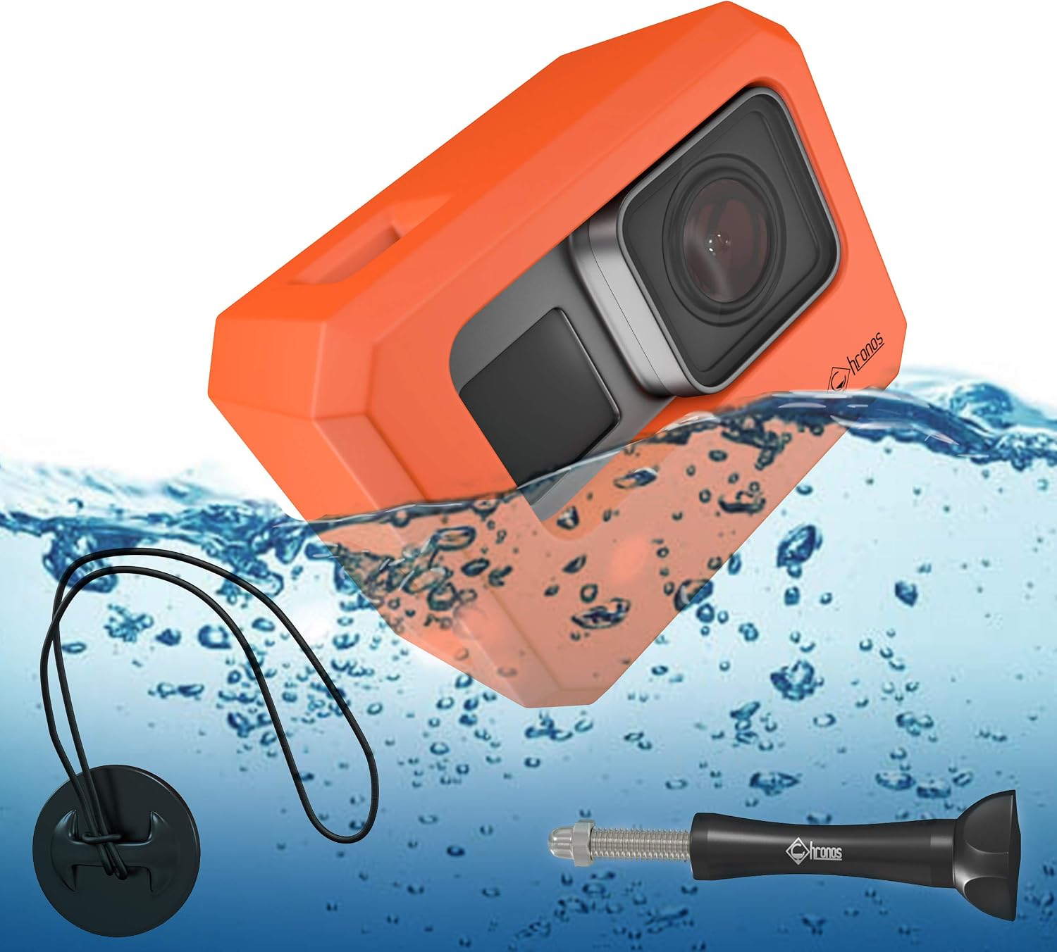 Chronos Floaty Case with Extra Long Aluminum Thumbscrew and Tether Kit, Extremely Buoyant, Surf Float, Floatie, Floater, Floating Case, Dive, Underwater, Scuba for GoPro Hero 7, Go Pro Hero 6,5