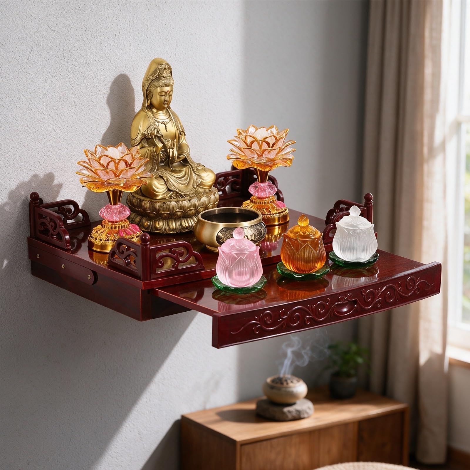 Mensola altare da parete in legno per meditazione