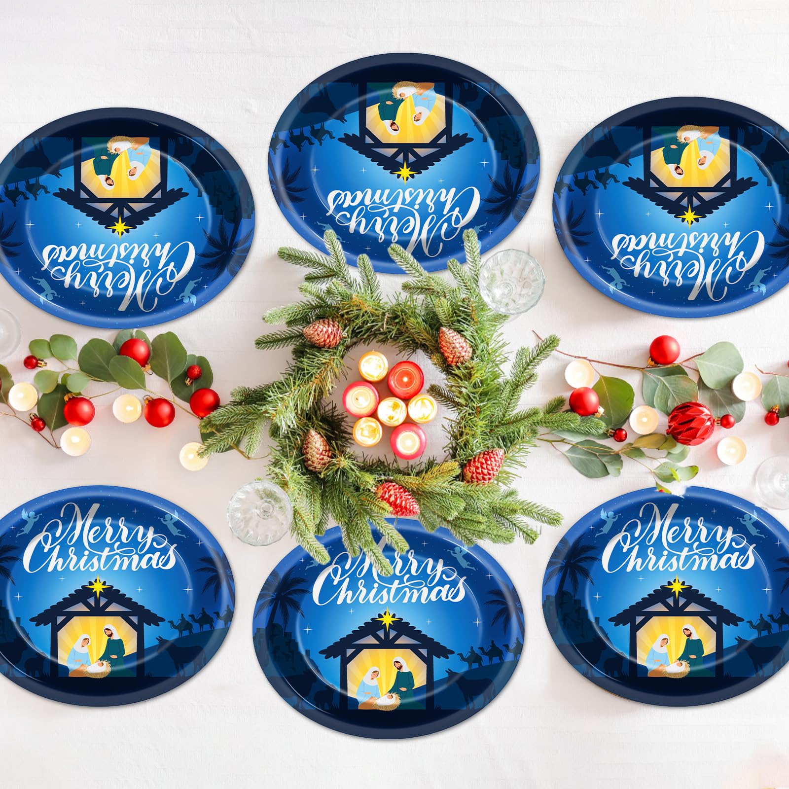 QOUBAI Juego de 50 platos ovalados de Navidad de 11 pulgadas, vajilla grande de Feliz Navidad, vajilla desechable para fiesta de Navidad, hogar, invierno, vacaciones, suministros de decoración