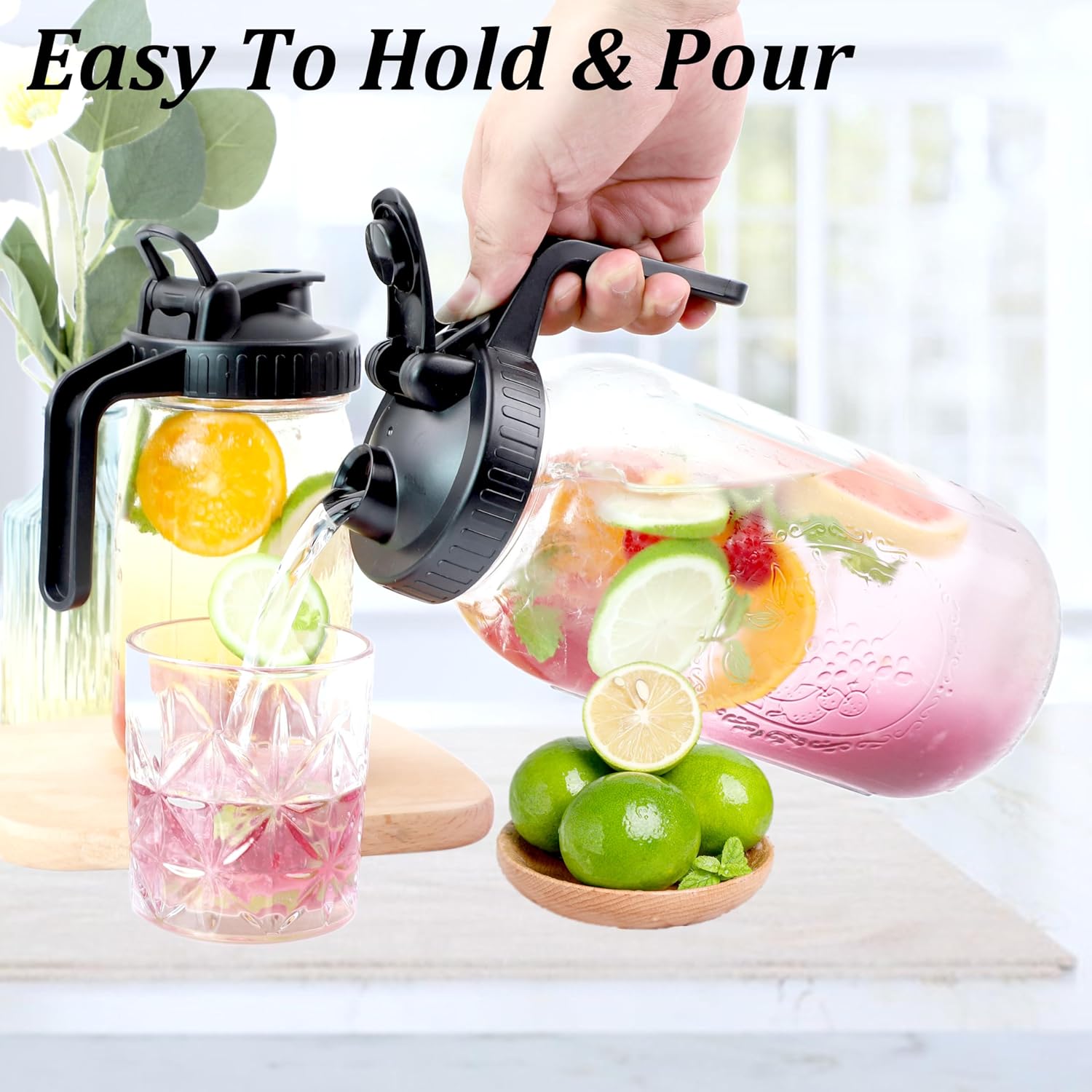 Mason Jar Pitcher Wide Mouth 64 Oz (2 Pack) Glass Pitcher With Pour Spout Lid 2 Quart Airtight Leakproof Water Carafe With Handle And Flip Cap Lid For Iced Beverages, Iced Coffee, Milk, Lemonade - Image 2