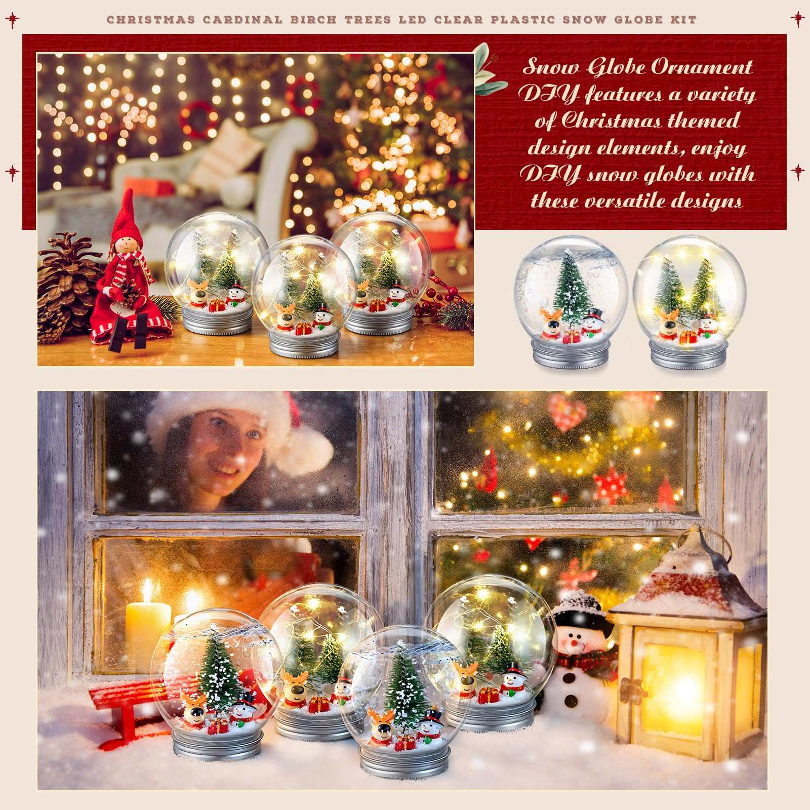 Liliful Lot de 16 boules à neige de Noël à faire soi-même comprenant une boule à neige en plastique LED de 9 cm avec bouchon à visser - Mini arbre de Noël artificiel - Bonhomme de neige, Père Noël
