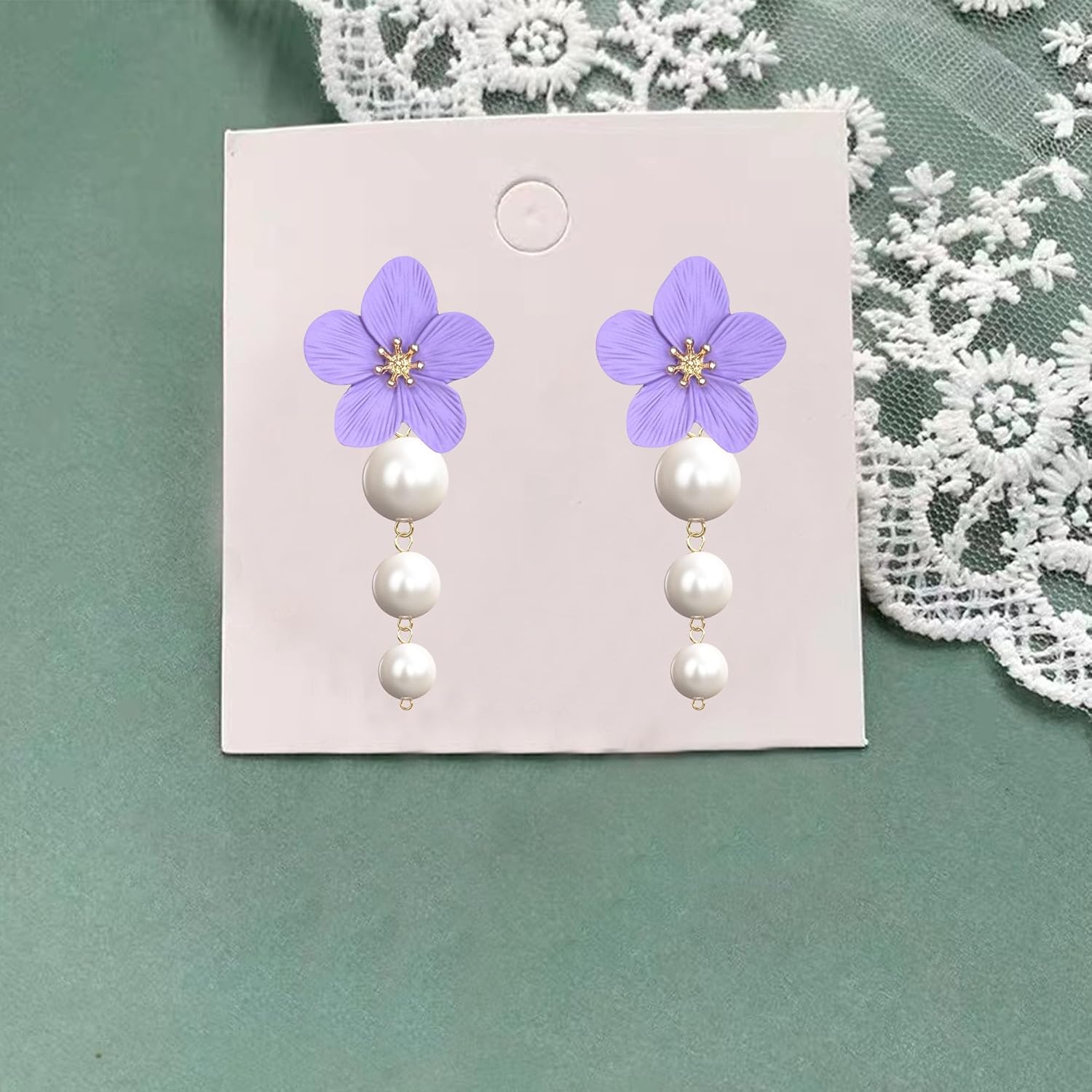 Floral Pearl Statement Earrings For Women Flower Large Stud Dangle Drop Earrings Boho - Image 6