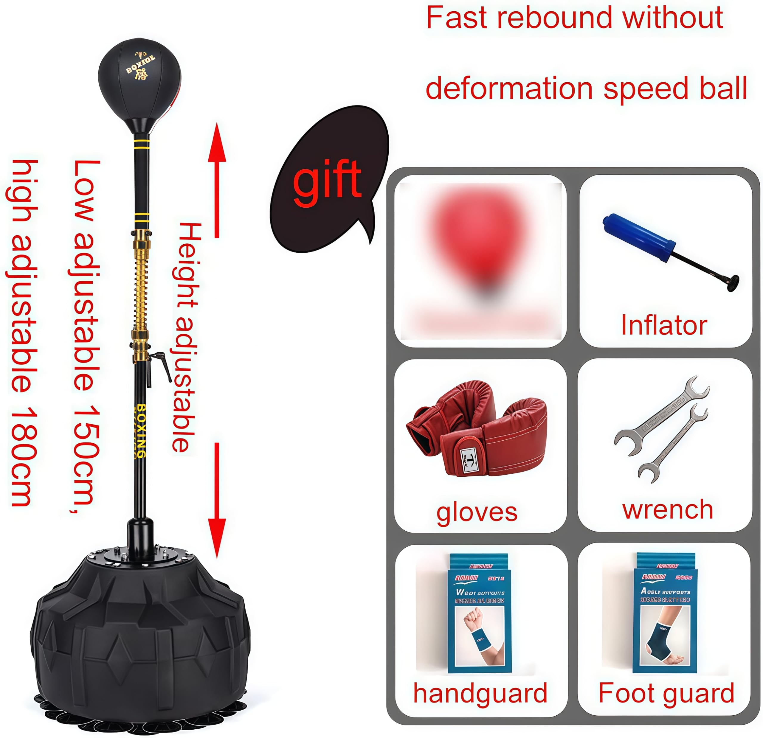 Borsa da fitness Cobra, sacco da boxe con 4 palline di ricambio e guantoni da boxe, supporto e altezza regolabile, sacco da boxe autoportante per allenamento, palla da boxe, sacco da velocità.