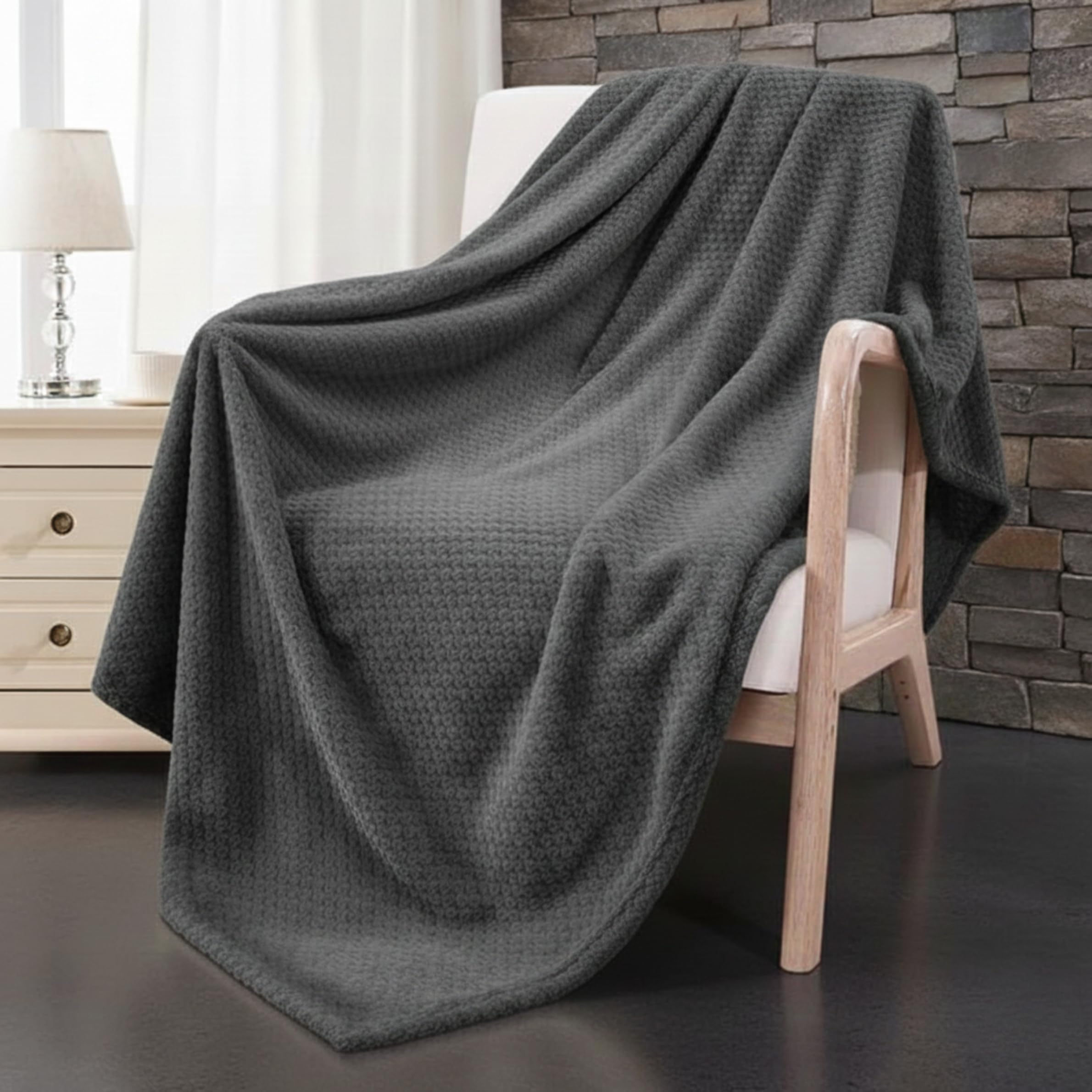 Dolce Vari Premium Waffle Whisper Fleece Throw Blankets Honeycomb Super Soft Warm Cozy Over Sofa Bed Throw Blanket (Charcoal, Double)