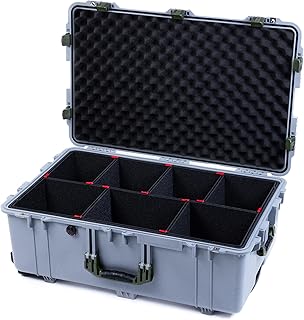 ColorCase Pelican 1650 Case Silver - Large Sized Waterproof Rolling Case with TrekPak Divider System & Convoluted Lid Foam - OD Green Handles & Latches