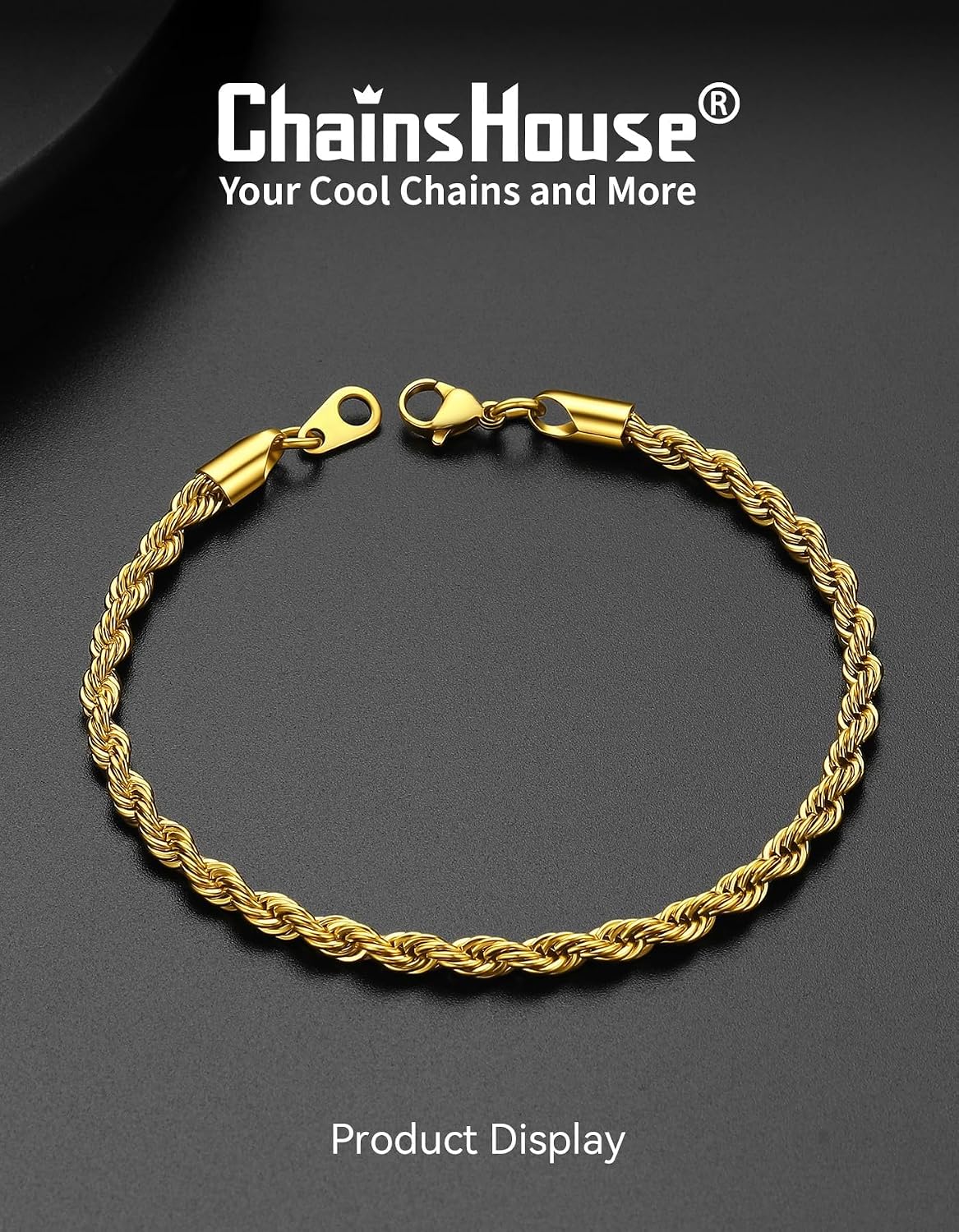 ChainsHouse Stainless Steel Twisted Rope Chain Bracelet for Men, Silver/Black/14K Gold Plated Link Bracelet, 3MM/6MM, 7.5"/8.3"/9" Lengths, Gift Box Included