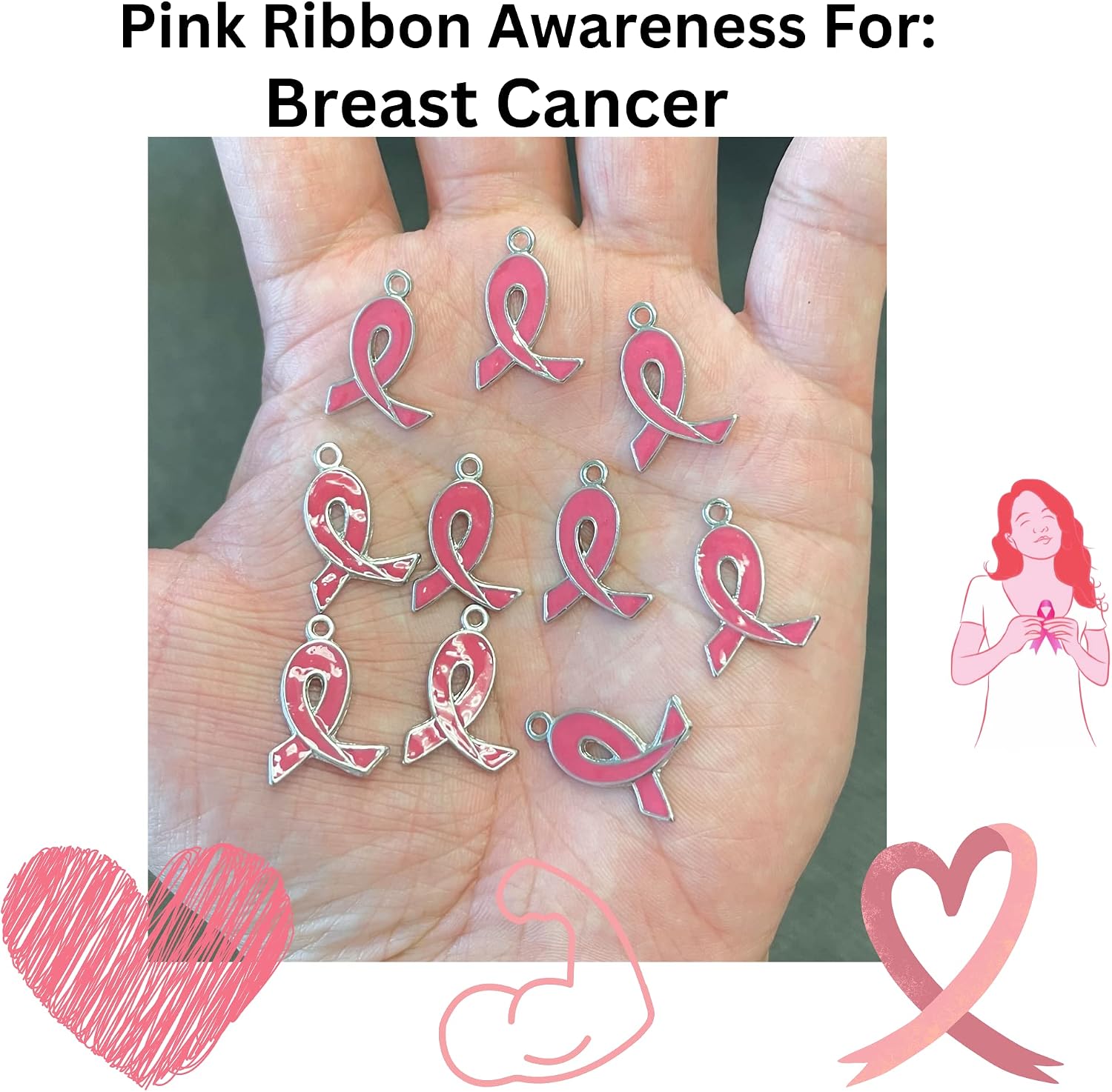 Linpeng Ribbon Charms For Jewelry Making, Pink Ribbon Breast Cancer Awareness Bulk, Gift For Beader, DIY Craft Supplies, 21mm x15mm, 10 pcs image 5