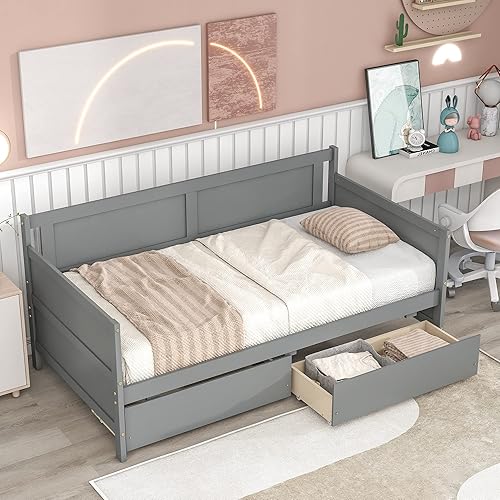Miniatura 9 de Sofá cama individual con dos cajones de almacenamiento, marco de sofá cama de madera sólida con soportes de listones de madera, muebles de