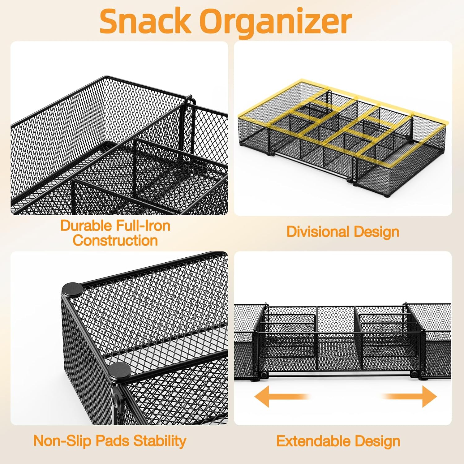 Expandable Snack Organizer, Adjustable Snack Container with 9 Compartments, Kitchen Countertop and Pantry Storage Tray for Tea Bags, Coffee Pods, Candy, and Cookies - Image 7