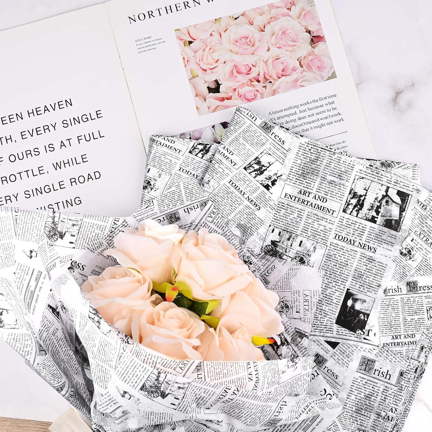 Bolsome 100 Sheets 20 * 14 Inches Vintage Newspaper Tissue Paper for Gift Wrapping Black White Newsprint Tissue Paper for Gift Bags for Birthday Wedding Anniversary DIY Craft (White)