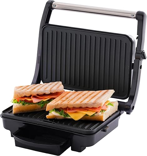 Parrilla de prensa Panini de 1000 W, rejillas antiadherentes de 10.7 x 6.7 pulgadas, sandwichera de prensa Panini, 2 porciones, perfecta para queso