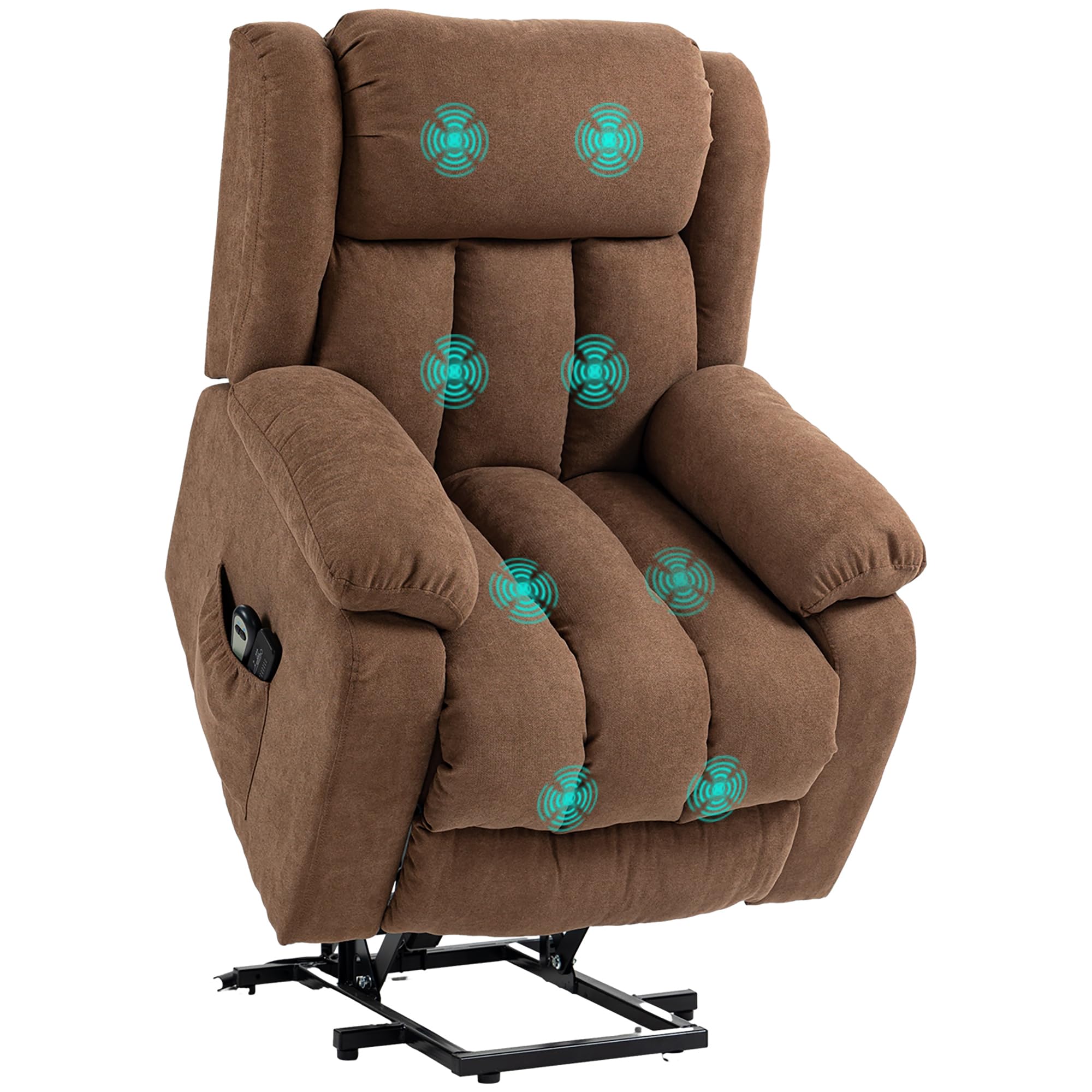 HOMCOM Poltrona Alzapersona Elettrica con Telecomando, Poltrona Relax Massaggiante e Reclinabile in Tessuto con Poggiapiedi e Tasche Lateriali, 91x93x103cm, Marrone