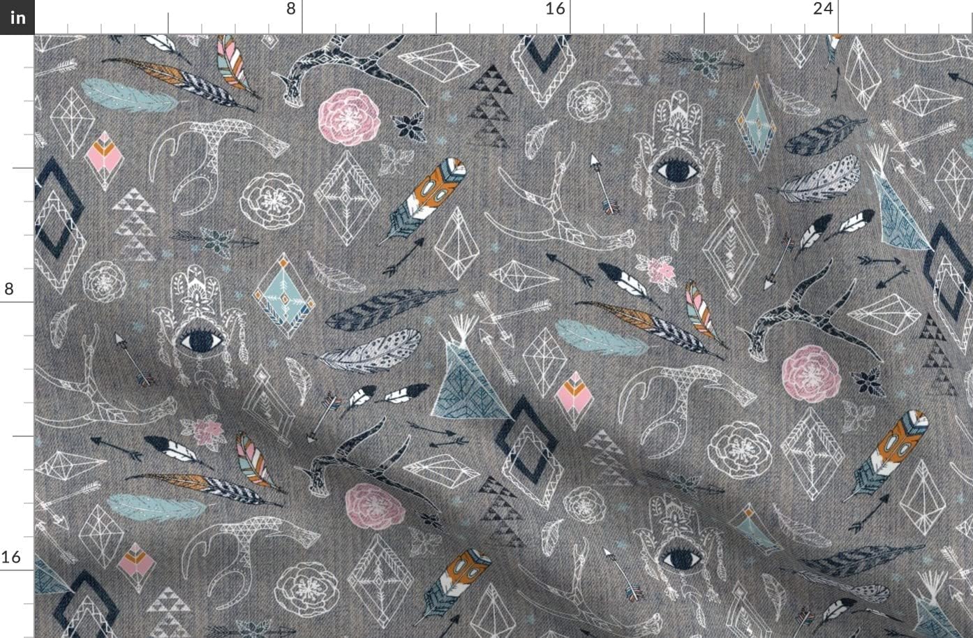 Spoonflower Fabric - Bohemian Arrow Antler Teepee Feather Nouveau Tribal Printed on Organic Cotton Sateen Fabric by The Yard - Sewing Quilting Apparel Home Decor