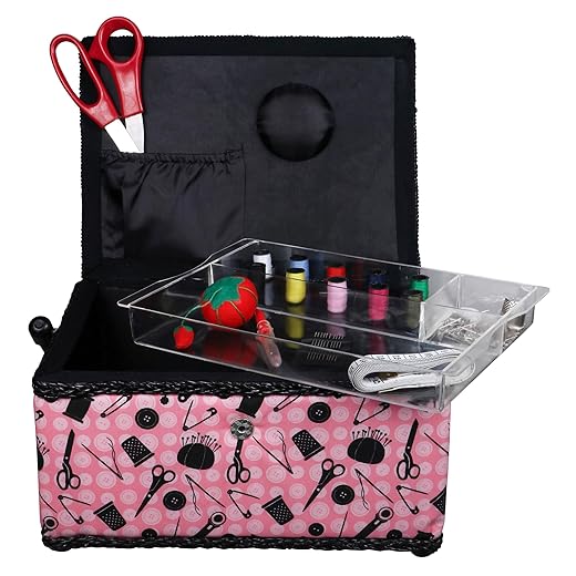 SINGER 07276 Sewing Basket with Sewing Kit Accessories, Pink & Black