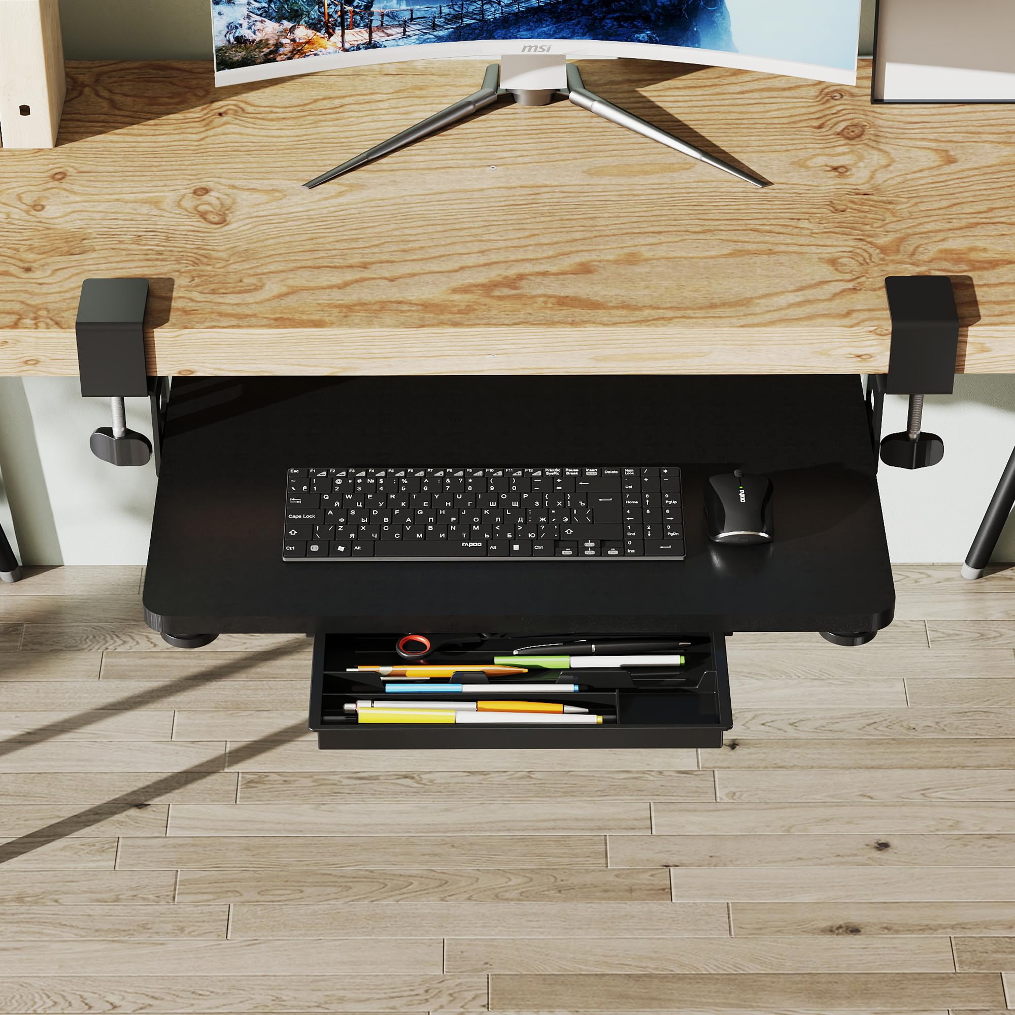ETHU Tastaturauszug, Ausziehbarer Tastaturablage 50x30 cm mit C-Klemmhalterung, Untertischmontage Tastaturständer, Ergonomischer Tastaturständer für Zuhause & Büro (Schwarz)