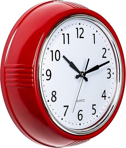Bernhard Products Retro Wall Clock 9 . 5 Inch Red Kitchen 50 's Vintage Design Round Silent Non