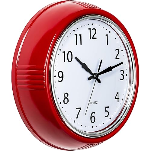 Bernhard Products Retro Wall Clock 9.5 Inch Red Kitchen 50's Vintage Design Round Silent Non Ticking Battery Operated Quality Quartz Clock