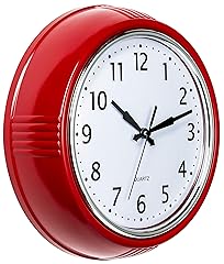 Bernhard Products Retro Wall Clock 9 . 5 Inch Red Kitchen 50 's Vintage Design Round Silent Non