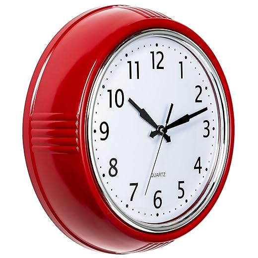 Bernhard Products Retro Wall Clock 9 . 5 Inch Red Kitchen 50 's Vintage Design Round Silent Non