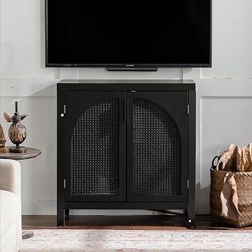 Black 28.94W Buffet Cabinet with Storage, Accent Sideboard with Rattan Doors, Coffee Bar Table Credenza, Console Table with Adjustable Shelves for Dining Room, Kitchen and Hallway