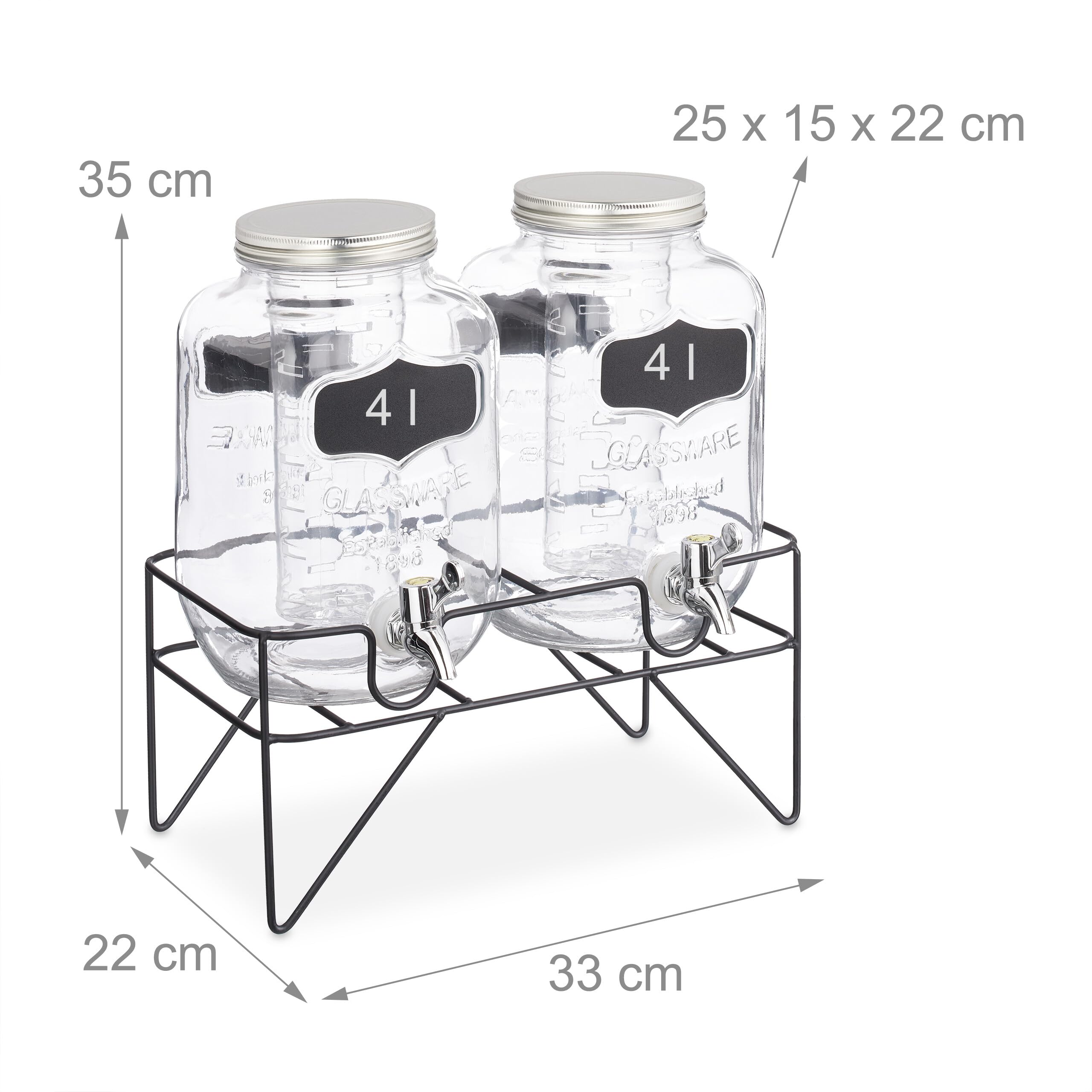 Relaxdays Distributeur de Boisson, Lot de 2, Support, Volume de Chaque : 4 litres, pour Votre Limonade, Transparent