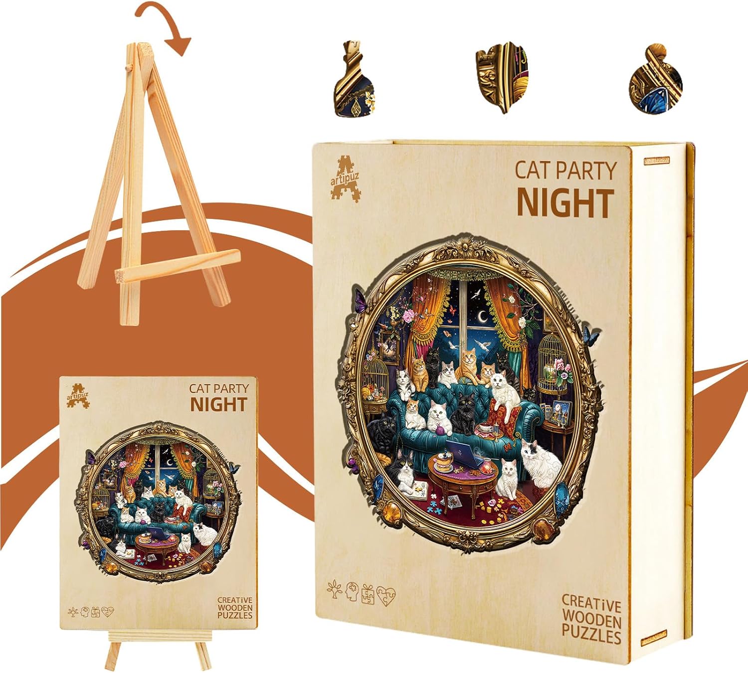 Wooden Puzzles for Adults - Cat Party Night Wooden Puzzle, Unique Shape Wood Jigsaw Puzzle for Adults, Wood Puzzles Adult, Gifts for Cat Lovers, Wall Art Home Decor (190pcs 11.4 * 11.1in M)