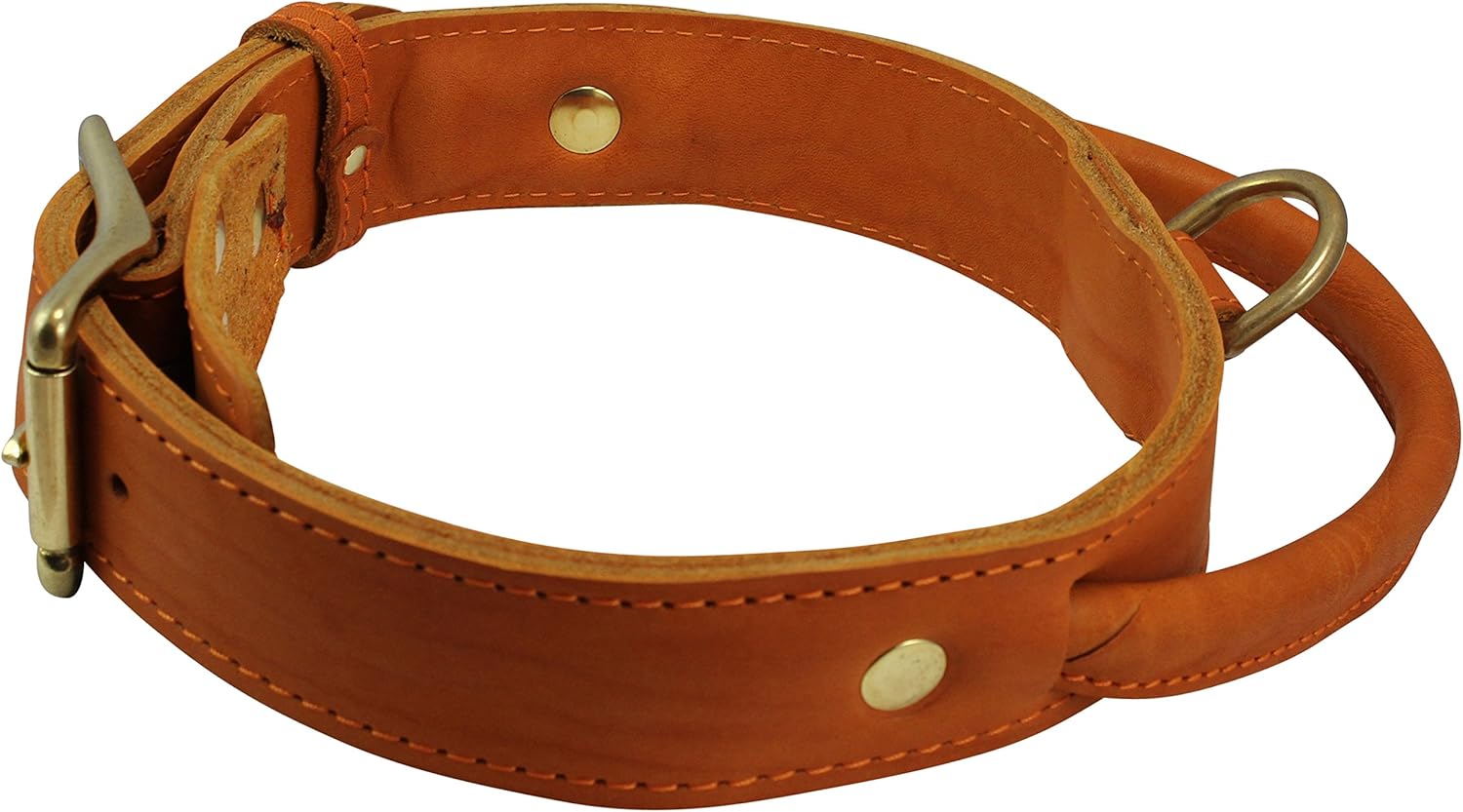 Genuine Leather Dog Collar, Rolled Leather Handle Tan (XLarge: Neck: 20"-23.5")