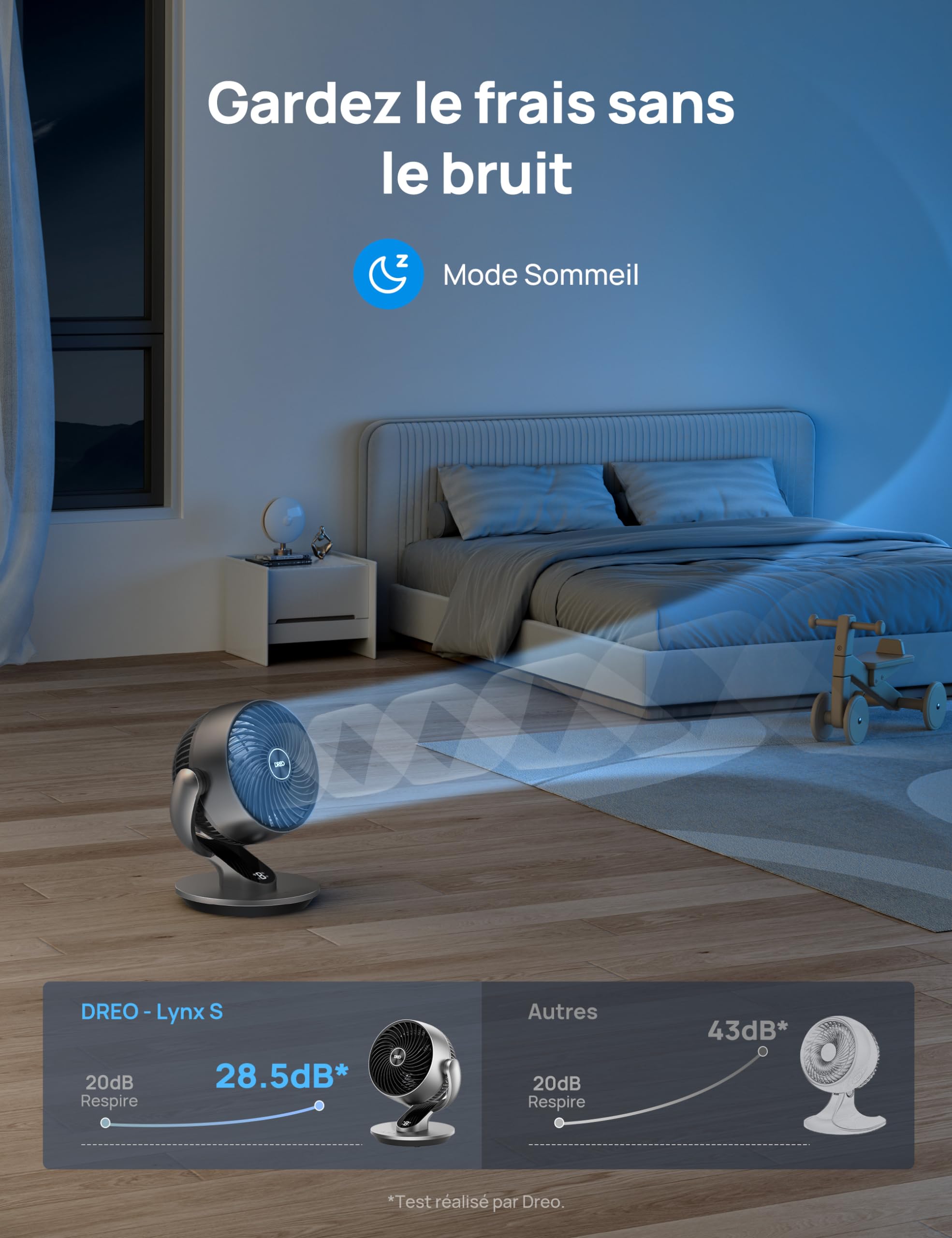 DREO Ventilateur de table 28 dB, 18 cm, 4 vitesses, 5 modes, minuterie 12h, oscillant à 120° + 90° avec télécommande, commande vocale, refroidissement, Lynx S, argent.