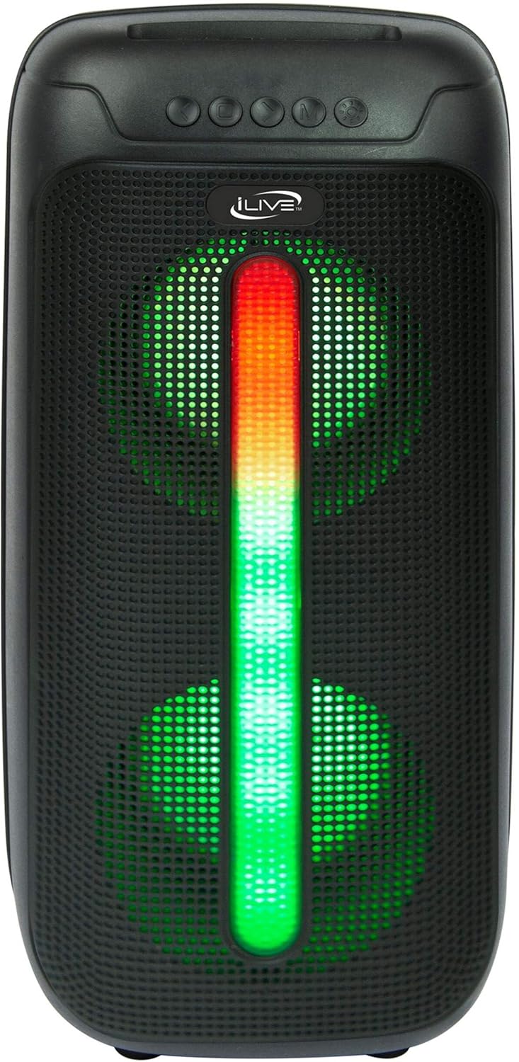 The iLive Bluetooth 5.0 speaker with LED light effects, showing its front grille and controls.