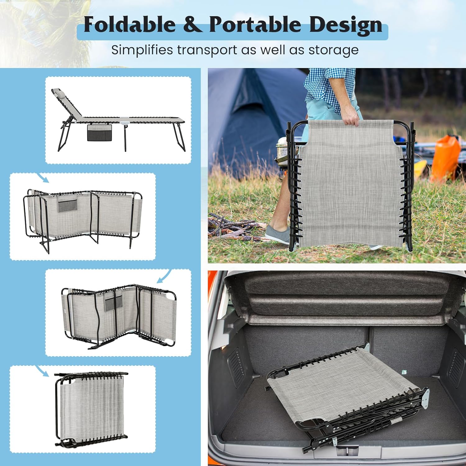 GYMAX Lounge Chair for Outside, 440lbs 27” Oversize Folding Beach Tanning Sunbath Chair with Adjustable Backrest & Removable Pillow, Lightweight Portable Patio Lounger for Lawn Poolside (1, Grey)