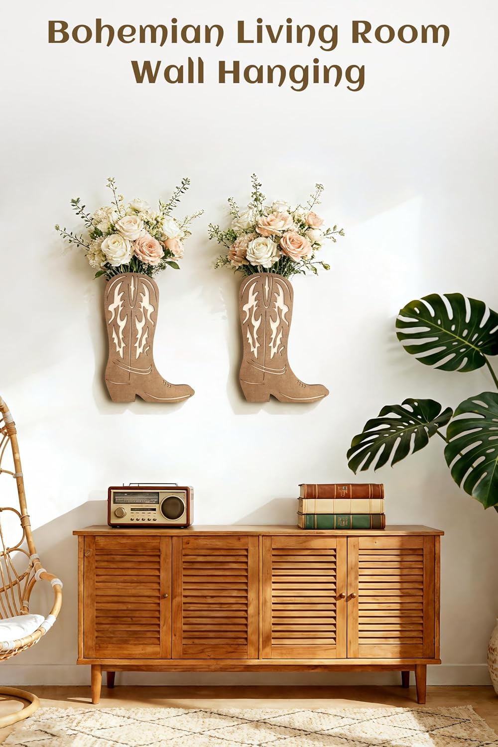 Cowboy Boot Wall Planter Decor: Western Farmhouse Wooden Boots Wall Decor Cowgirl Flower Hanging Vase for Bedroom, Living Room, Dining Room, Entryway, Bathroom Faux Floral Display Retro Style 2 Pcs