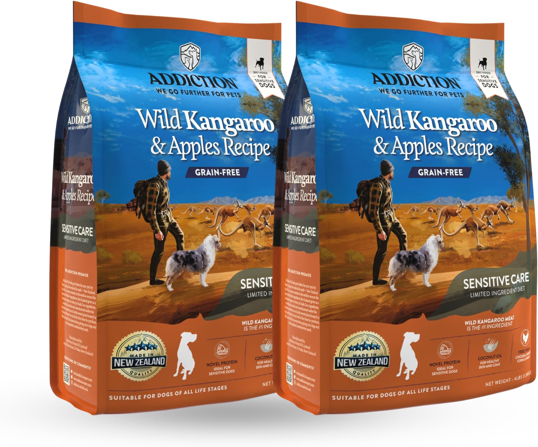 Wild Kangaroo & Apples Dry Dog Food - Limited Ingredient, Novel Protein for Dogs with Allergies, Grain-Free - Support Muscle Development & Manage Weight - Made in New Zealand 4lb - 2 Packs