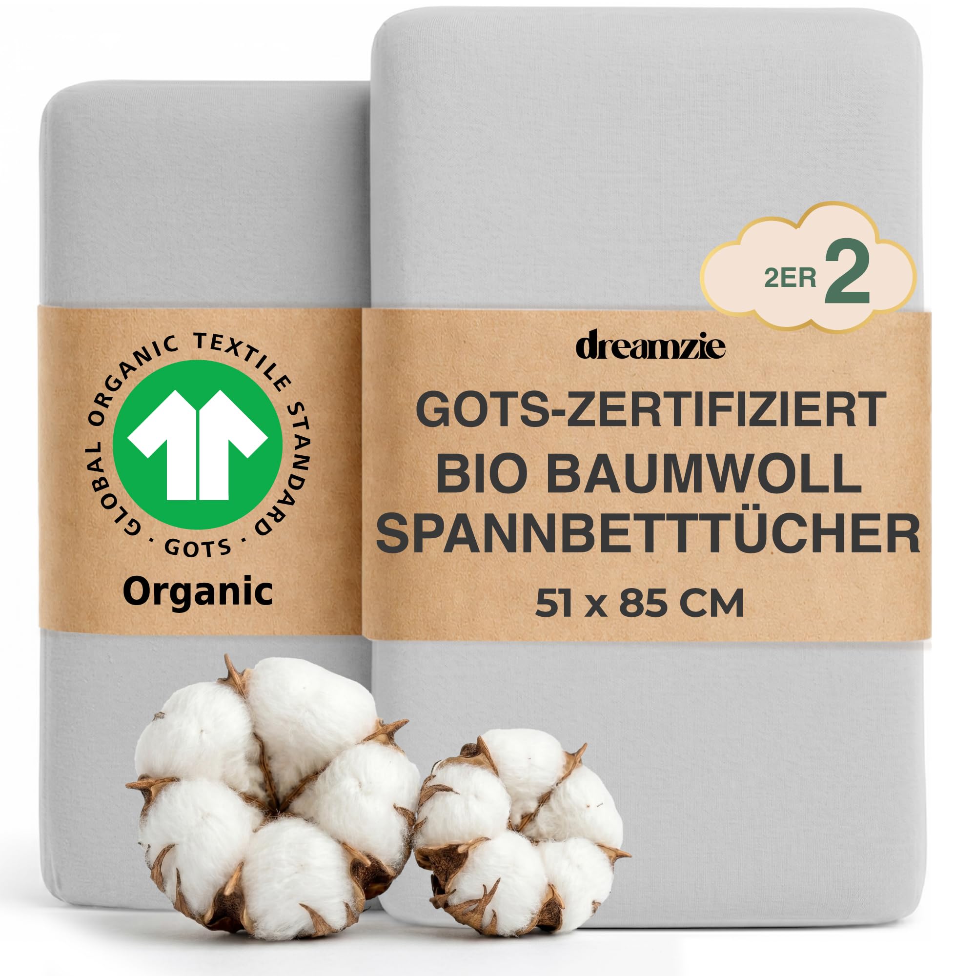 Dreamzie - Baby Spannbettlaken 51x85 cm, 2er-Set, GOTS Bio-Baumwolle Jersey, für Beistellbett und Tutti Bambini CoZee, Grau