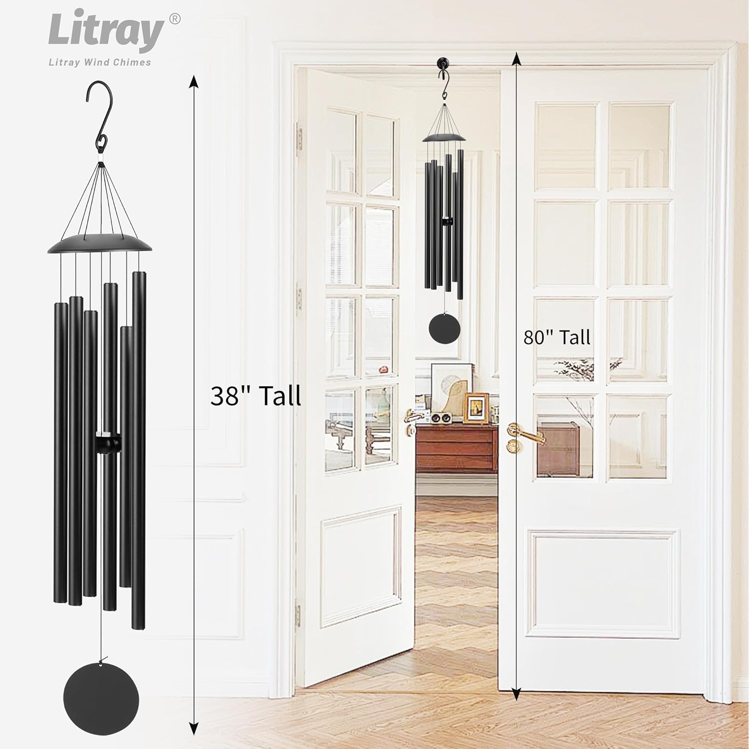 38" Large Aluminium Wind Chimes with Deep Tone Sound, Coolest Metal Windchimes Outdoors with Pine Wood Striker, Unique Gift for Mom, Garden Decoration(Black, Thick) - Image 2