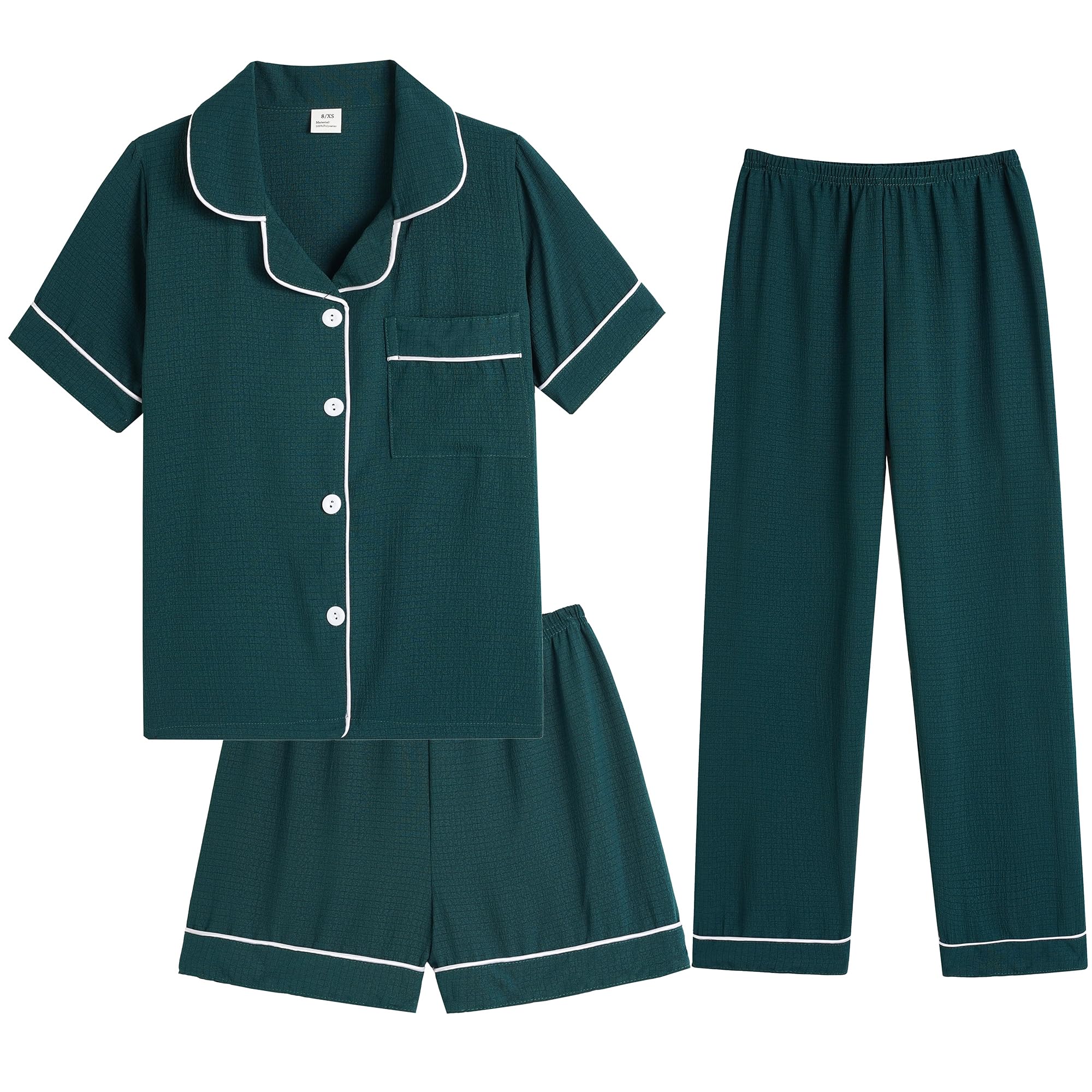 Hupohoi Big Girls Button Down Pajama Set 3pcs Crepe Fabric Sleepwear Nighty