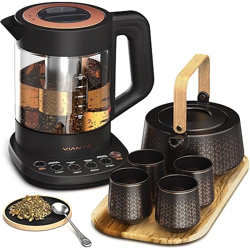 Vianté Luxury Tea Set. Electric Kettle with Infuser for Loose Leaf And Ceramic Serving Set. Teapot and Cup Set with Wooden Tray. Excellent Gift Idea For Tea Lovers.
