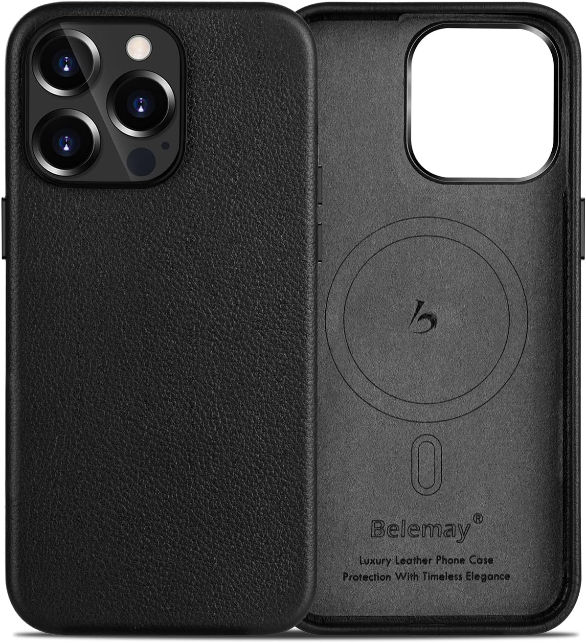 Belemay Compatible with iPhone 12 Pro Max Leather Case, Compatible with MagSafe - Luxury Tumbled Leather - Metal Buttons & Lens Protector - Slim Fit&Durable - Distinctive Texture (6.7-inch) - Black