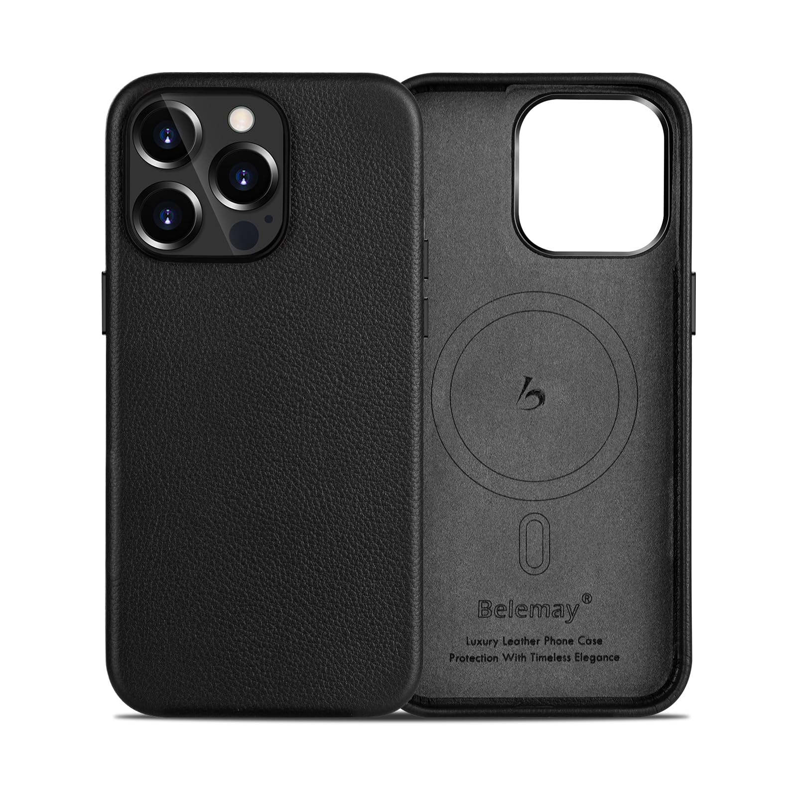 Belemay For IPhone 14 Pro Max Leather Case Compatible With MagSafe, Full-Grain Vegetable-Tanned Leather, Metal Buttons & Camera Bezel - Slim Fit&Sleek - Luxury Phone Cover (6.7-inch)-Black - View #12